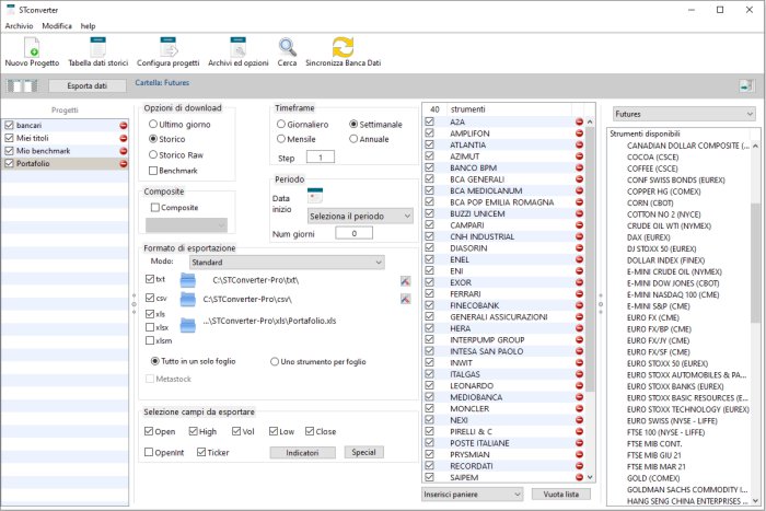 Schermata principale STConvert. Converte dati MetaStock, Excel, Ascii, CSV, crea Benchmark e titoli Composite